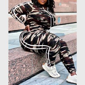 Camouflage Print Hooded Top and Drawstring Pants Set