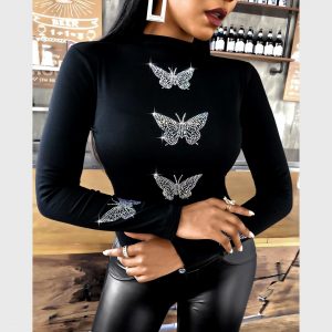 Butterfly Pattern Studded Long Sleeve Top