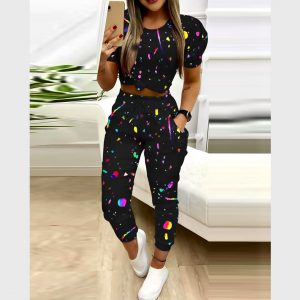 Puff Sleeve Crop Top Pocket Drawstring Pants Set