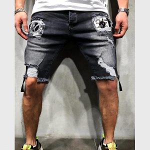 Washing Splicing Cartoon Ripped Short Jeans